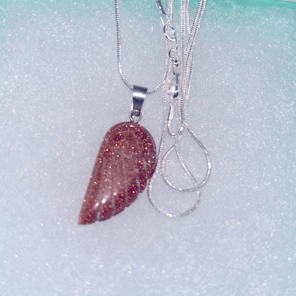 Boho hippie Goldstone Angel Wing Sterling Silver Necklace 30”